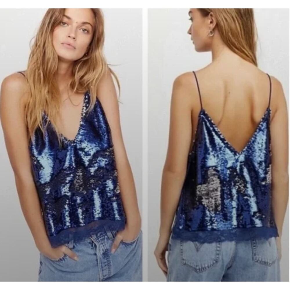 Intimately Free People Turn It On Sequined Cami Electric Blue Size M EUC